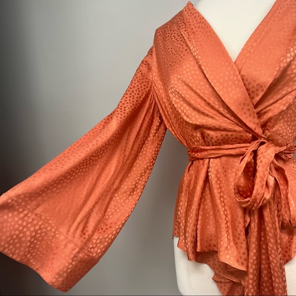 BCBG Textured Satin Long Sleeve Wrap Top in Papaya - Picture 2 of 8